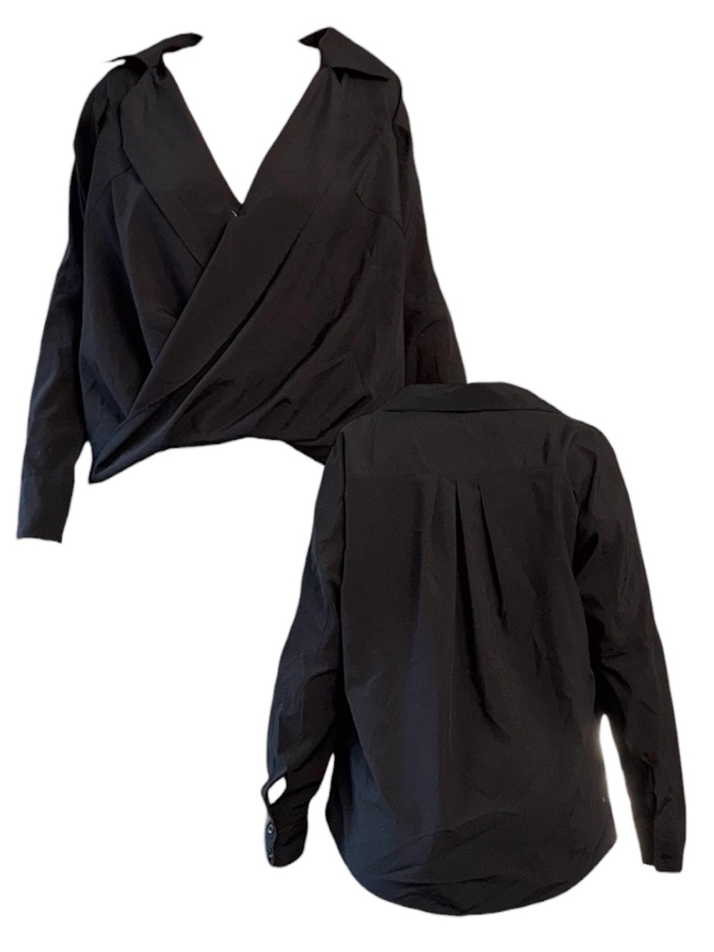 Black Draped Surplice Button-Back Blouse